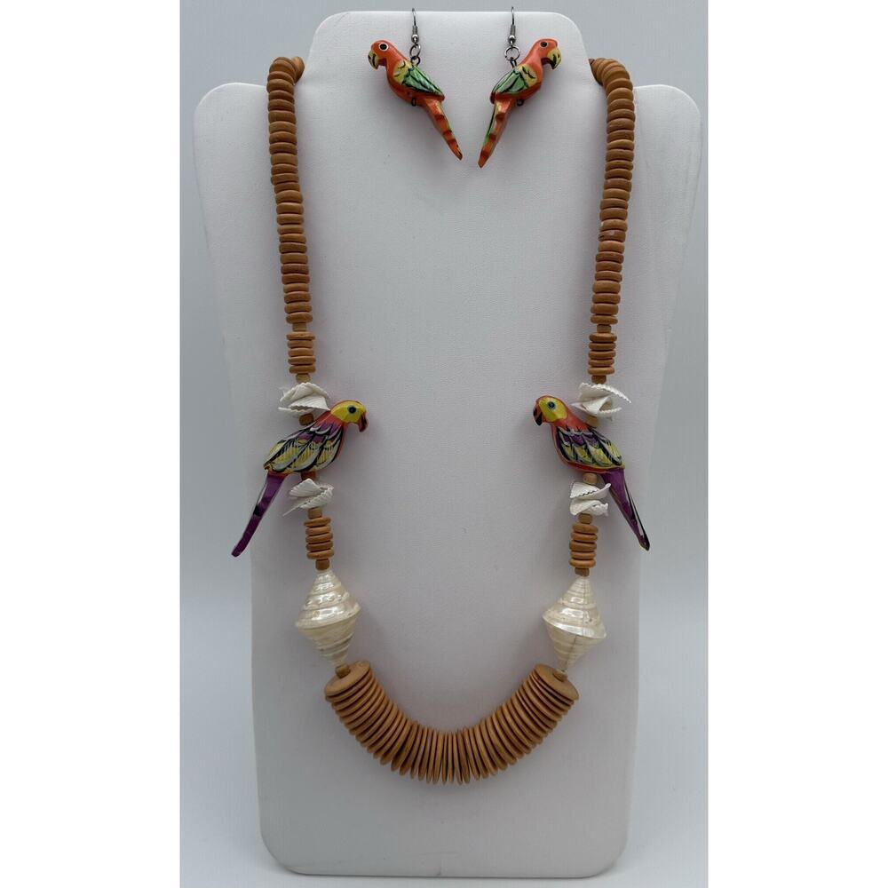 Tropical Parrot Bird Necklace Earrings Pierced Wood Beads Shells Hand Painted